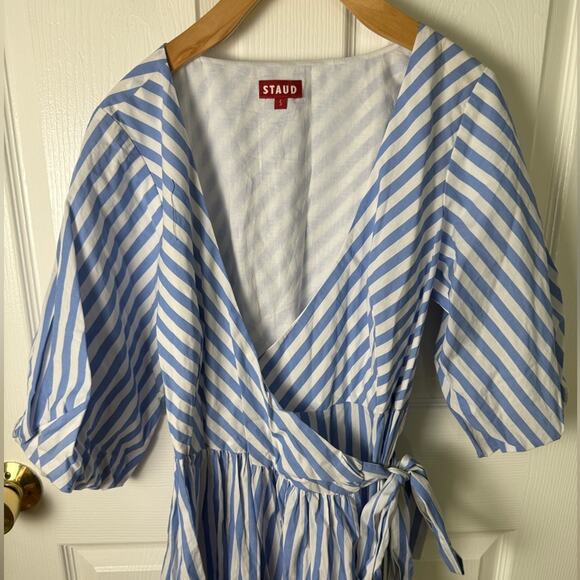 STAUD Jodie Midi Wrap Dress in Sea Stripe S - Picture 5 of 14